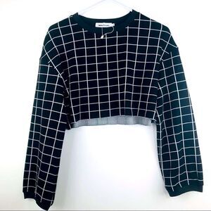 BoylyMia Black and White Windowpane Jersey Knit Crop Long Sleeve Top